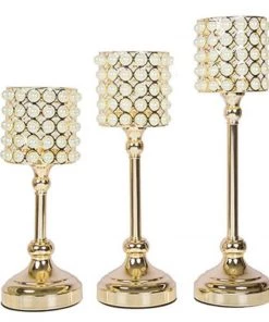 HIER_4310 Set Of 3 | White Pearl Beaded Gold Votive Candle Holders, Small Pillar Candle Stands - 12