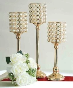HIER_4310 Set Of 3 | White Pearl Beaded Gold Votive Candle Holders, Small Pillar Candle Stands - 12