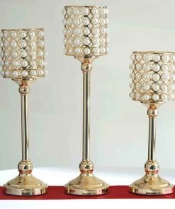 HIER_4310 Set Of 3 | White Pearl Beaded Gold Votive Candle Holders, Small Pillar Candle Stands - 12