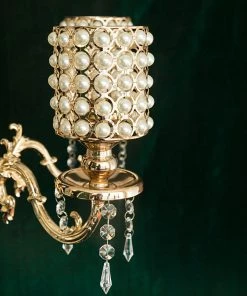 HIER_4340 DIY Adjustable Gold Pearl Beaded Table Floor Candelabra Centerpiece, Metal With Crystal Chandelier Pendants Chargers & Centerpieces