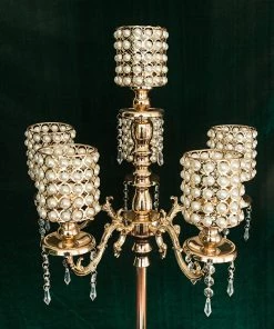 HIER_4340 DIY Adjustable Gold Pearl Beaded Table Floor Candelabra Centerpiece, Metal With Crystal Chandelier Pendants Chargers & Centerpieces