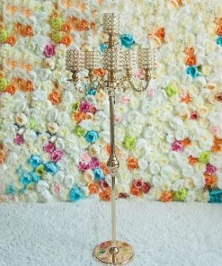 HIER_4340 DIY Adjustable Gold Pearl Beaded Table Floor Candelabra Centerpiece, Metal With Crystal Chandelier Pendants Chargers & Centerpieces