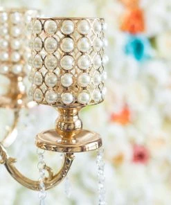 HIER_4340 DIY Adjustable Gold Pearl Beaded Table Floor Candelabra Centerpiece, Metal With Crystal Chandelier Pendants Chargers & Centerpieces