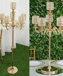 HIER_4340 DIY Adjustable Gold Pearl Beaded Table Floor Candelabra Centerpiece, Metal With Crystal Chandelier Pendants Chargers & Centerpieces