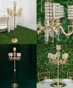 HIER_4340 DIY Adjustable Gold Pearl Beaded Table Floor Candelabra Centerpiece, Metal With Crystal Chandelier Pendants Chargers & Centerpieces