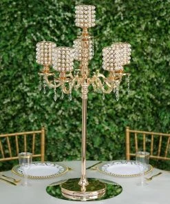 HIER_4340 DIY Adjustable Gold Pearl Beaded Table Floor Candelabra Centerpiece, Metal With Crystal Chandelier Pendants Chargers & Centerpieces