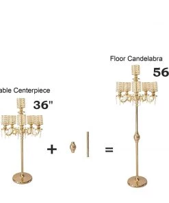 HIER_4340 DIY Adjustable Gold Pearl Beaded Table Floor Candelabra Centerpiece, Metal With Crystal Chandelier Pendants Chargers & Centerpieces