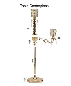 HIER_4340 DIY Adjustable Gold Pearl Beaded Table Floor Candelabra Centerpiece, Metal With Crystal Chandelier Pendants Chargers & Centerpieces
