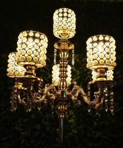 HIER_4340 DIY Adjustable Gold Pearl Beaded Table Floor Candelabra Centerpiece, Metal With Crystal Chandelier Pendants Chargers & Centerpieces