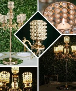 HIER_4340 DIY Adjustable Gold Pearl Beaded Table Floor Candelabra Centerpiece, Metal With Crystal Chandelier Pendants Chargers & Centerpieces
