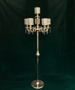 HIER_4340 DIY Adjustable Gold Pearl Beaded Table Floor Candelabra Centerpiece, Metal With Crystal Chandelier Pendants Chargers & Centerpieces