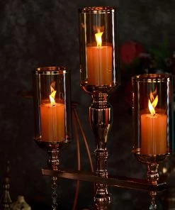 HIER_4340 23" Tall 3 Arm Gold Metal Pillar Candle Stand, Votive Candelabra With Hanging Clear Crystal Pendants Chargers & Centerpieces