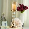 HIER_4300 Chargers & Centerpieces 17" Tall Gold Metal Pillar Candle Holder With Hurricane Glass Tube & Crystal Globes