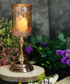 HIER_4310 13" Tall Lace Design Antique Gold Hurricane Glass Votive Candle Holder Chargers & Centerpieces