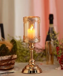 HIER_4310 13" Tall Lace Design Antique Gold Hurricane Glass Votive Candle Holder Chargers & Centerpieces