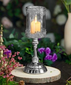 HIER_4310 13" Tall Antique Silver Lace Hurricane Glass Votive Candle Holder