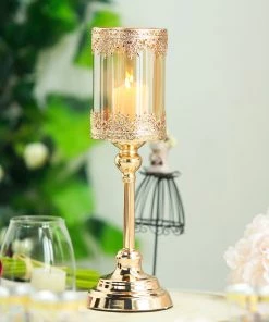 HIER_4310 15" Tall Lace Design Antique Gold Hurricane Glass Votive Candle Holder Chargers & Centerpieces