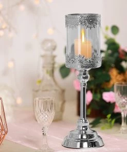 HIER_4310 15" Tall Antique Silver Lace Hurricane Glass Votive Candle Holder Chargers & Centerpieces