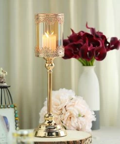 HIER_4310 Chargers & Centerpieces 17" Tall Lace Design Antique Gold Hurricane Glass Votive Candle Holder
