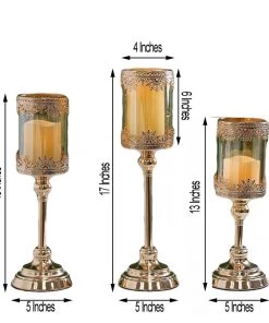 HIER_4310 Set Of 3 | Antique Gold Lace Hurricane Glass Votive Candle Holders - 13