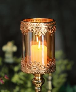HIER_4310 Set Of 3 | Antique Gold Lace Hurricane Glass Votive Candle Holders - 13
