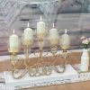 HIER_4340 18" Tall Antique Gold Metal 5 Arm Pillar Candle Table Candelabra, Crown Top Horizontal Centerpiece Hurricane Glass Votive Candle Holders