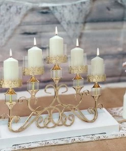 HIER_4340 18" Tall Antique Gold Metal 5 Arm Pillar Candle Table Candelabra, Crown Top Horizontal Centerpiece Hurricane Glass Votive Candle Holders