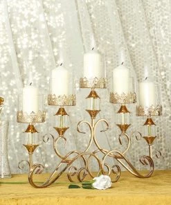 HIER_4340 18" Tall Antique Gold Metal 5 Arm Pillar Candle Table Candelabra, Crown Top Horizontal Centerpiece Hurricane Glass Votive Candle Holders