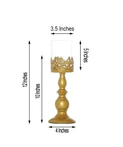 HIER_4310 Chargers & Centerpieces 2 Pack | 12" Tall Antique Gold Lace Hurricane Glass Candle Holder Set, Pillar Votive Candle Holders 16 HIER_4310 Chargers & Centerpieces 2 Pack | 12