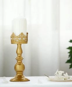HIER_4310 Chargers & Centerpieces 2 Pack | 12" Tall Antique Gold Lace Hurricane Glass Candle Holder Set, Pillar Votive Candle Holders 23 HIER_4310 Chargers & Centerpieces 2 Pack | 12