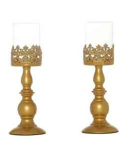 HIER_4310 Chargers & Centerpieces 2 Pack | 12" Tall Antique Gold Lace Hurricane Glass Candle Holder Set, Pillar Votive Candle Holders 27 HIER_4310 Chargers & Centerpieces 2 Pack | 12