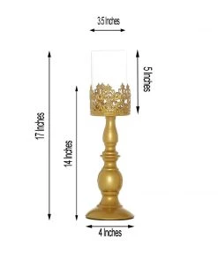 HIER_4310 2 Pack | 17" Tall Antique Gold Lace Hurricane Glass Candle Holder Set, Pillar Votive Candle Holders 17 HIER_4310 2 Pack | 17