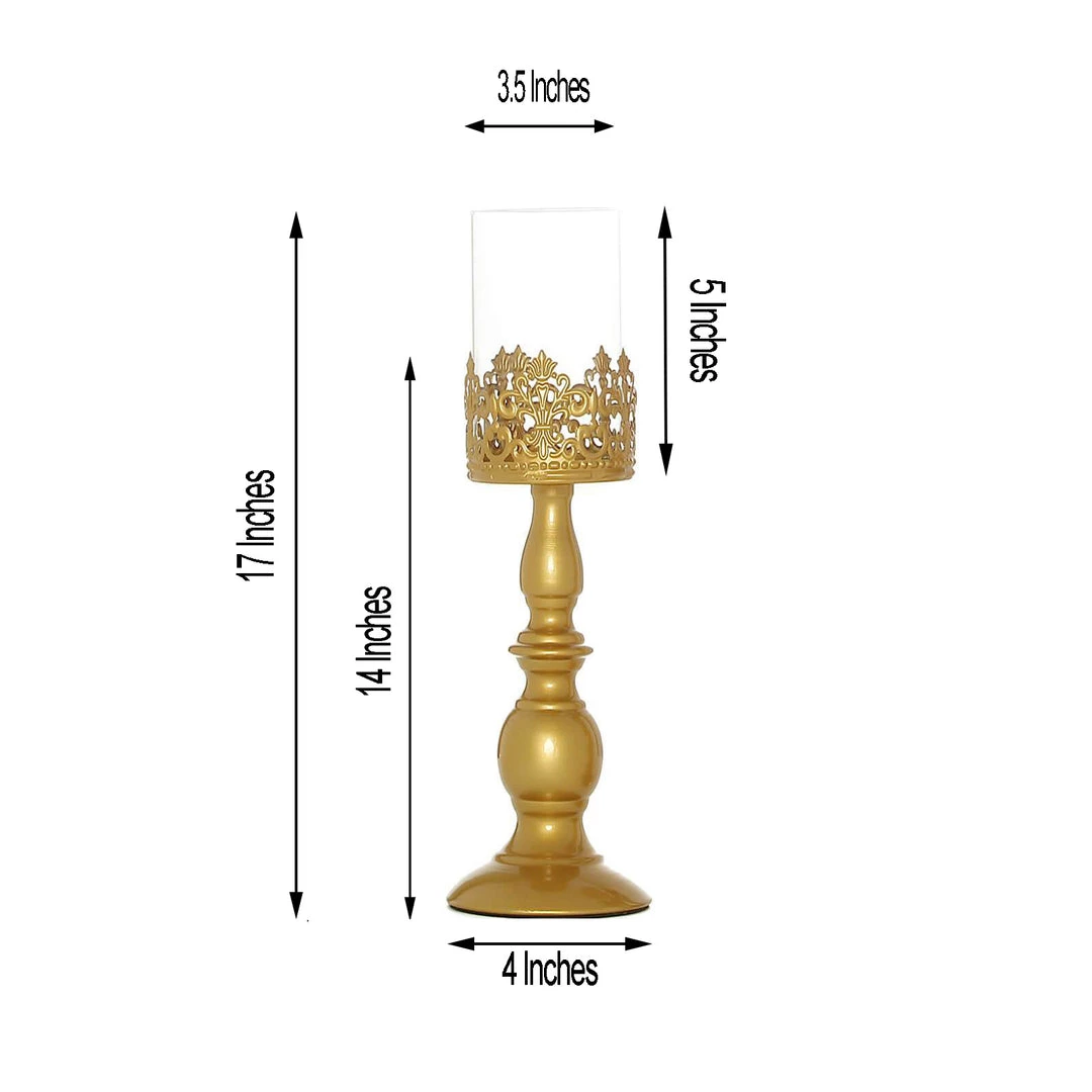 HIER_4310 2 Pack | 17" Tall Antique Gold Lace Hurricane Glass Candle Holder Set, Pillar Votive Candle Holders 3 HIER_4310 2 Pack | 17" Tall Antique Gold Lace Hurricane Glass Candle Holder Set, Pillar Votive Candle Holders