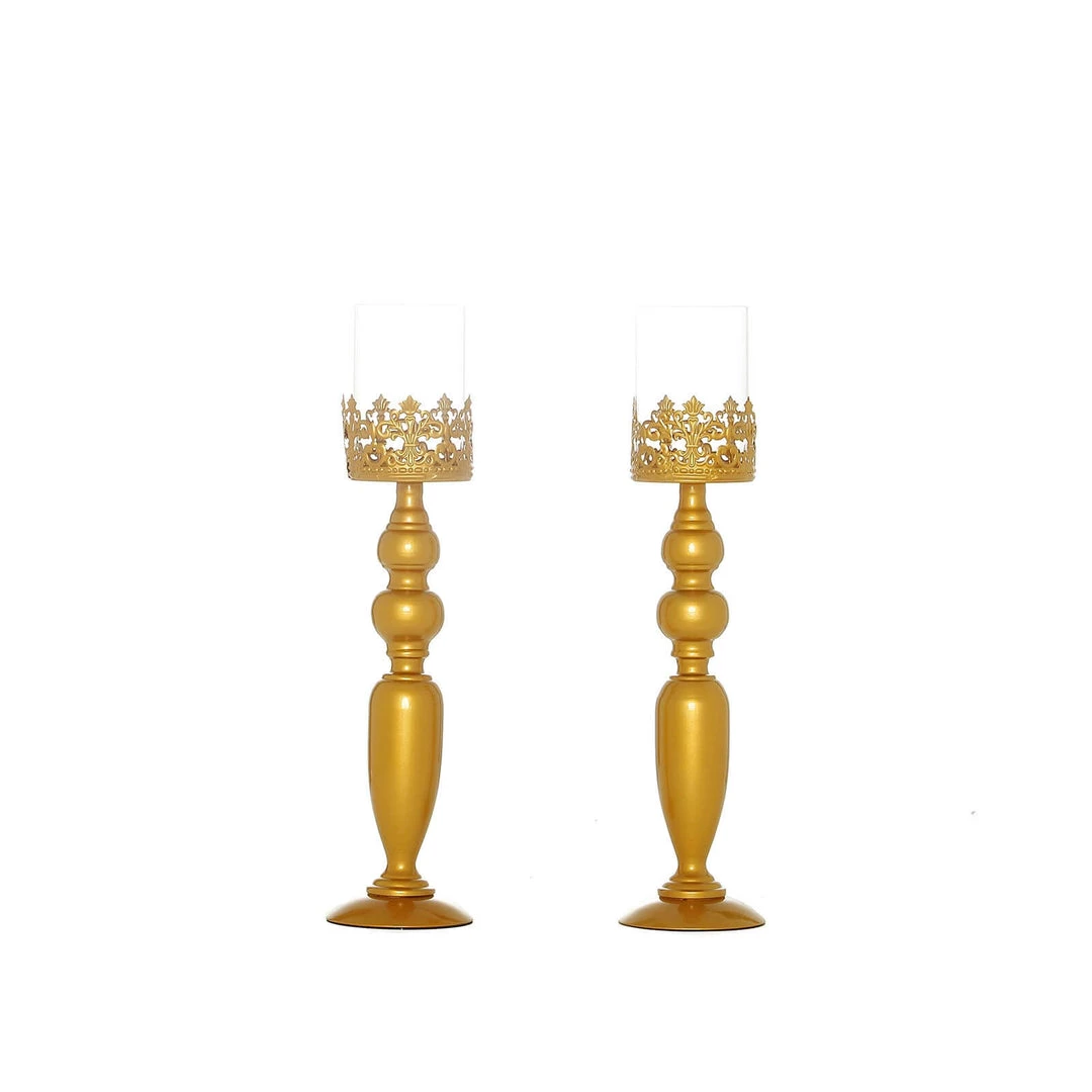 HIER_4310 2 Pack | 17" Tall Antique Gold Lace Hurricane Glass Candle Holder Set, Pillar Votive Candle Holders 14 HIER_4310 2 Pack | 17" Tall Antique Gold Lace Hurricane Glass Candle Holder Set, Pillar Votive Candle Holders