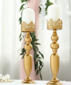 HIER_4310 2 Pack | 17" Tall Antique Gold Lace Hurricane Glass Candle Holder Set, Pillar Votive Candle Holders 20 HIER_4310 2 Pack | 17