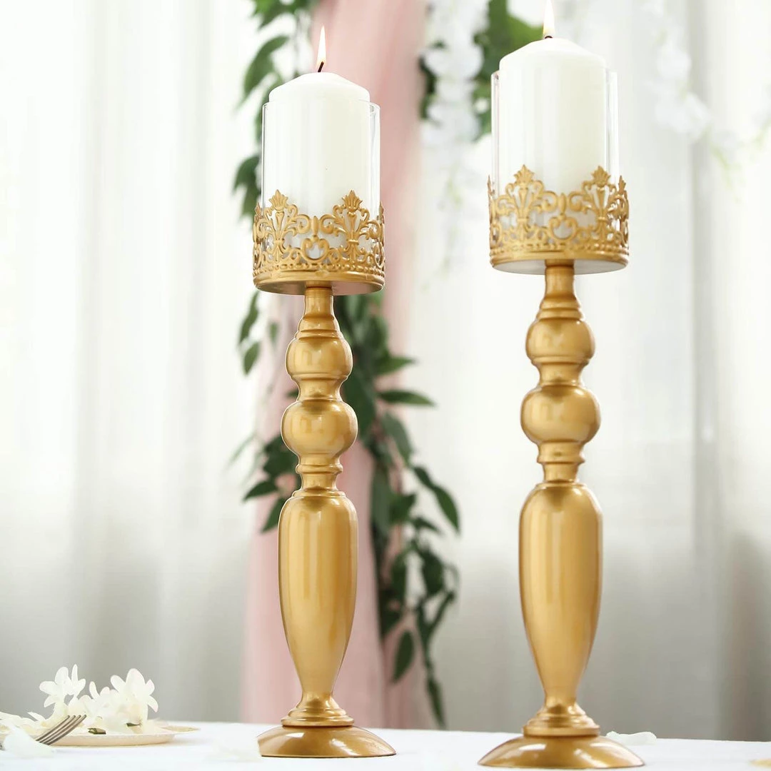 HIER_4310 2 Pack | 17" Tall Antique Gold Lace Hurricane Glass Candle Holder Set, Pillar Votive Candle Holders 6 HIER_4310 2 Pack | 17" Tall Antique Gold Lace Hurricane Glass Candle Holder Set, Pillar Votive Candle Holders