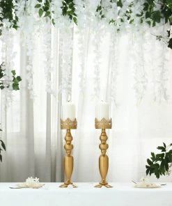 HIER_4310 2 Pack | 17" Tall Antique Gold Lace Hurricane Glass Candle Holder Set, Pillar Votive Candle Holders 21 HIER_4310 2 Pack | 17