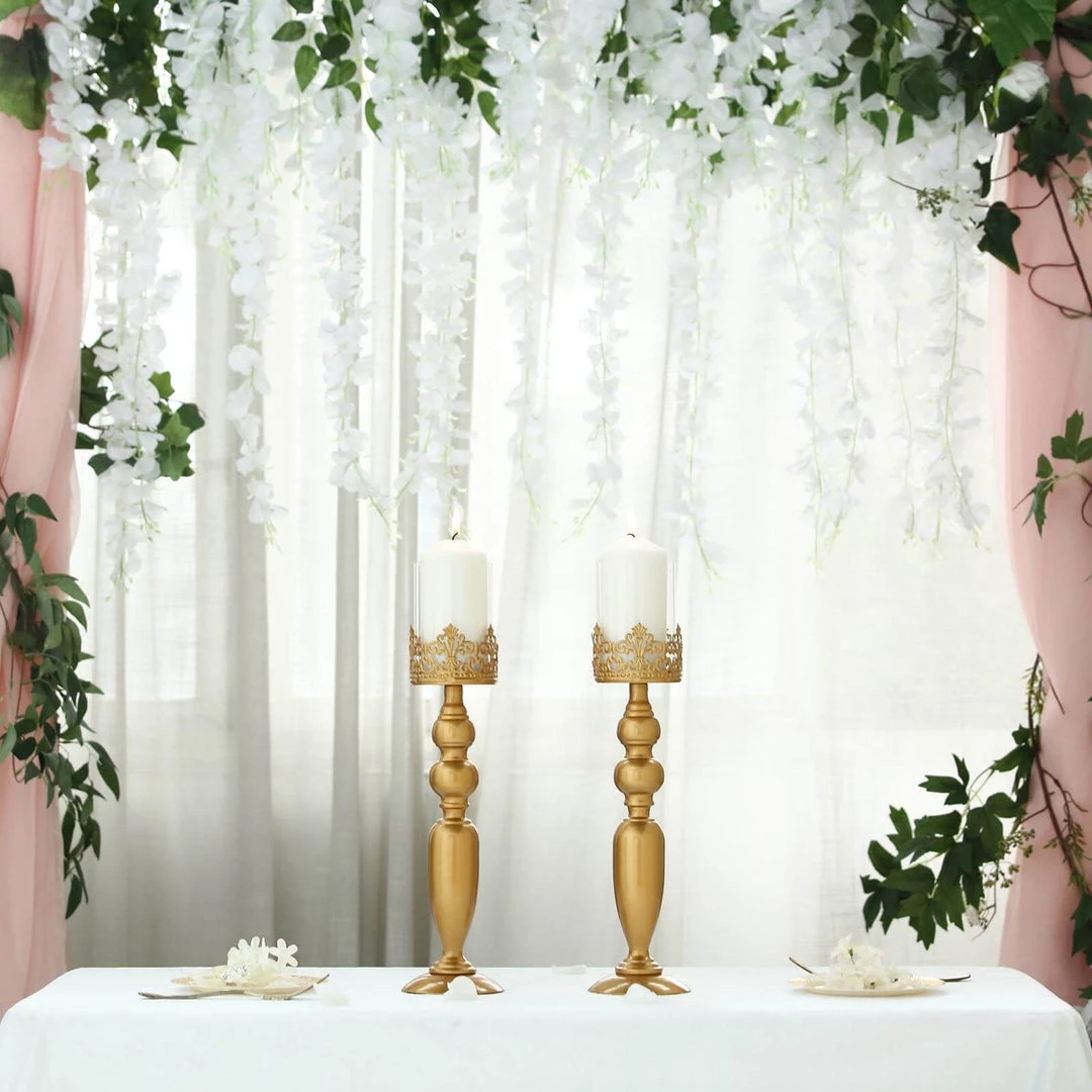 HIER_4310 2 Pack | 17" Tall Antique Gold Lace Hurricane Glass Candle Holder Set, Pillar Votive Candle Holders 7 HIER_4310 2 Pack | 17" Tall Antique Gold Lace Hurricane Glass Candle Holder Set, Pillar Votive Candle Holders