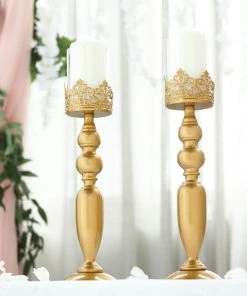 HIER_4310 2 Pack | 17" Tall Antique Gold Lace Hurricane Glass Candle Holder Set, Pillar Votive Candle Holders 22 HIER_4310 2 Pack | 17