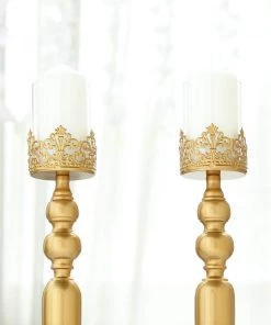 HIER_4310 2 Pack | 17" Tall Antique Gold Lace Hurricane Glass Candle Holder Set, Pillar Votive Candle Holders 23 HIER_4310 2 Pack | 17