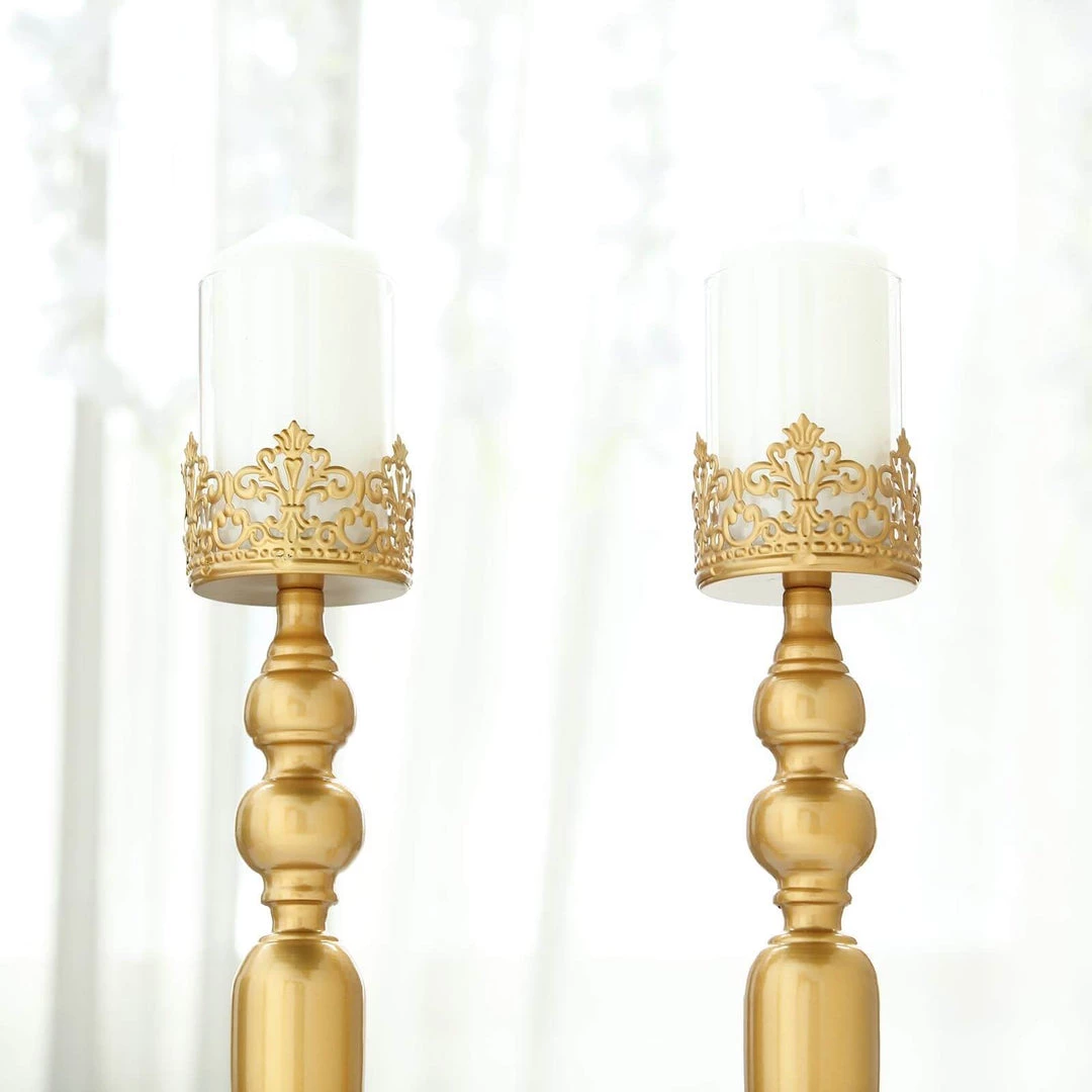 HIER_4310 2 Pack | 17" Tall Antique Gold Lace Hurricane Glass Candle Holder Set, Pillar Votive Candle Holders 9 HIER_4310 2 Pack | 17" Tall Antique Gold Lace Hurricane Glass Candle Holder Set, Pillar Votive Candle Holders