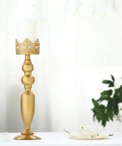 HIER_4310 2 Pack | 17" Tall Antique Gold Lace Hurricane Glass Candle Holder Set, Pillar Votive Candle Holders 24 HIER_4310 2 Pack | 17