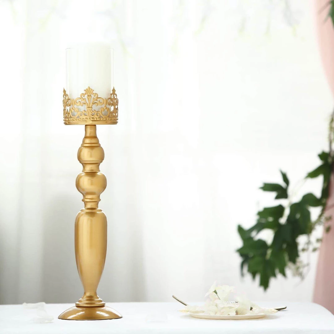 HIER_4310 2 Pack | 17" Tall Antique Gold Lace Hurricane Glass Candle Holder Set, Pillar Votive Candle Holders 10 HIER_4310 2 Pack | 17" Tall Antique Gold Lace Hurricane Glass Candle Holder Set, Pillar Votive Candle Holders