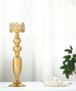 HIER_4310 2 Pack | 17" Tall Antique Gold Lace Hurricane Glass Candle Holder Set, Pillar Votive Candle Holders 25 HIER_4310 2 Pack | 17