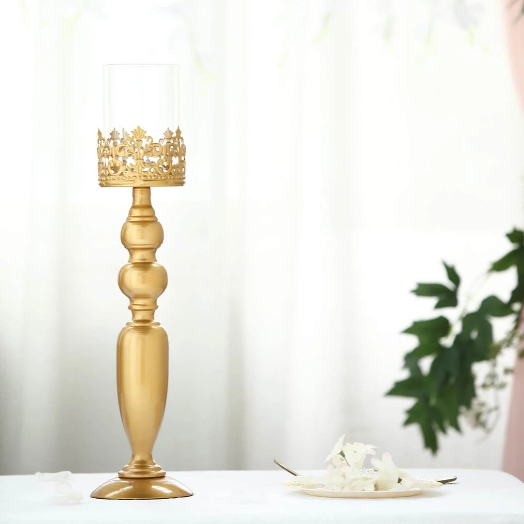 HIER_4310 2 Pack | 17" Tall Antique Gold Lace Hurricane Glass Candle Holder Set, Pillar Votive Candle Holders 11 HIER_4310 2 Pack | 17" Tall Antique Gold Lace Hurricane Glass Candle Holder Set, Pillar Votive Candle Holders