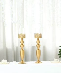 HIER_4310 2 Pack | 17" Tall Antique Gold Lace Hurricane Glass Candle Holder Set, Pillar Votive Candle Holders 26 HIER_4310 2 Pack | 17
