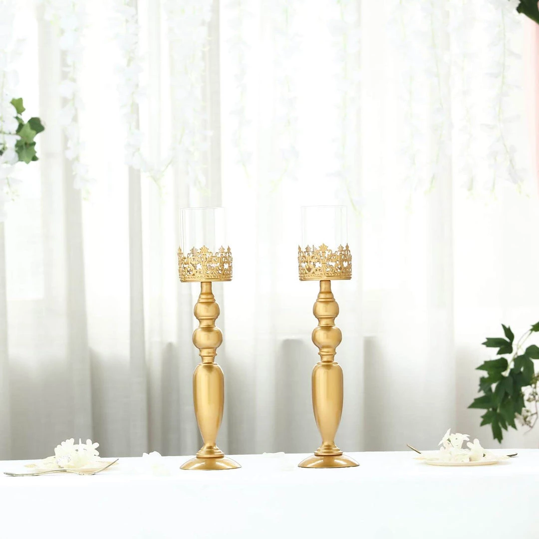 HIER_4310 2 Pack | 17" Tall Antique Gold Lace Hurricane Glass Candle Holder Set, Pillar Votive Candle Holders 12 HIER_4310 2 Pack | 17" Tall Antique Gold Lace Hurricane Glass Candle Holder Set, Pillar Votive Candle Holders