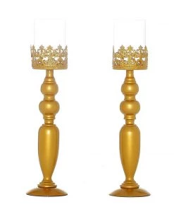 HIER_4310 2 Pack | 17" Tall Antique Gold Lace Hurricane Glass Candle Holder Set, Pillar Votive Candle Holders 29 HIER_4310 2 Pack | 17
