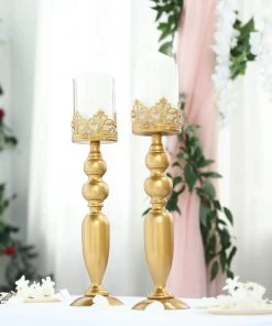 HIER_4310 2 Pack | 17" Tall Antique Gold Lace Hurricane Glass Candle Holder Set, Pillar Votive Candle Holders