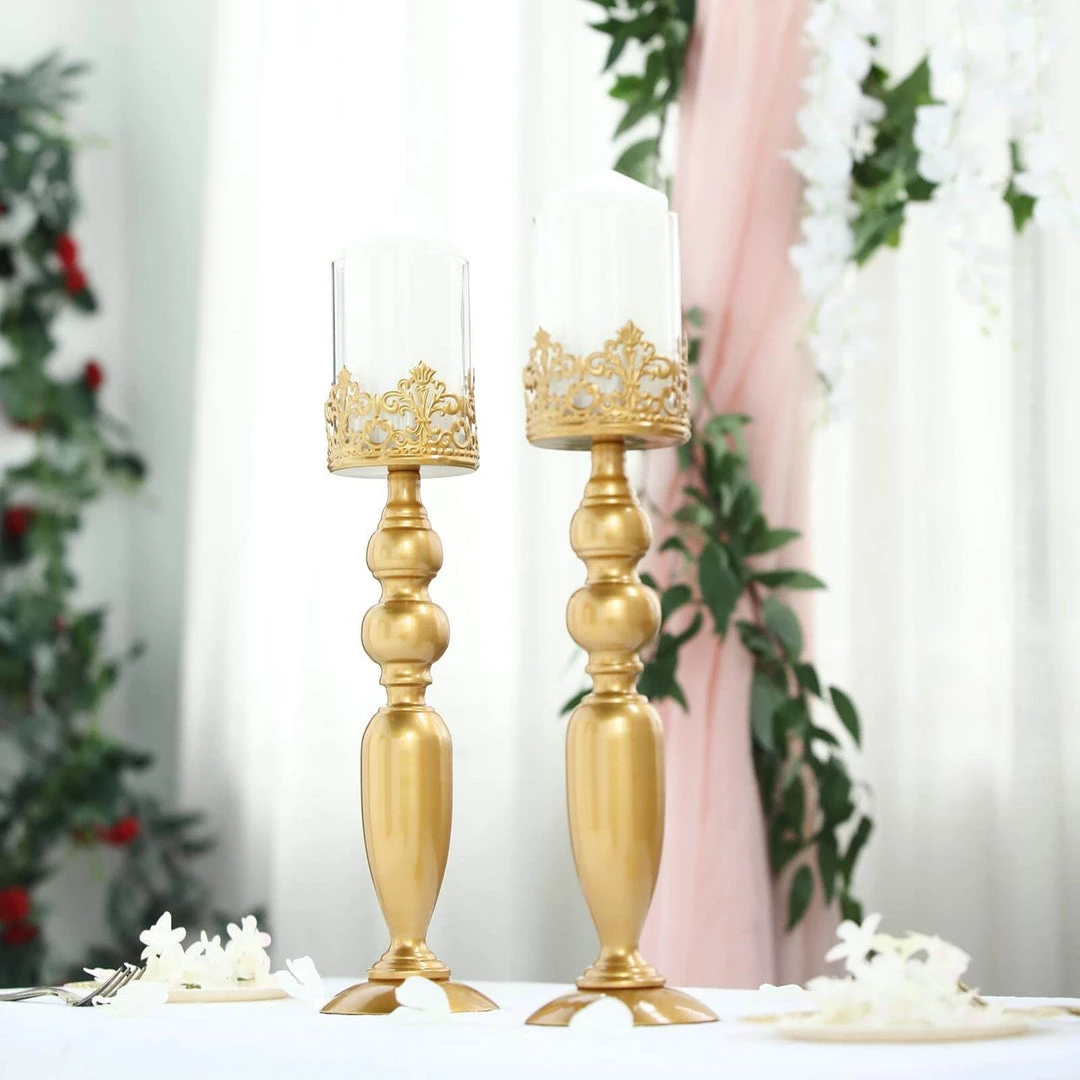 HIER_4310 2 Pack | 17" Tall Antique Gold Lace Hurricane Glass Candle Holder Set, Pillar Votive Candle Holders 2 HIER_4310 2 Pack | 17" Tall Antique Gold Lace Hurricane Glass Candle Holder Set, Pillar Votive Candle Holders
